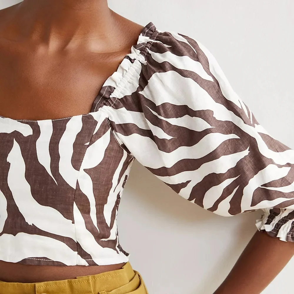 Faithfull The Brand Zebra Print Linen Crop Blouse Size 4